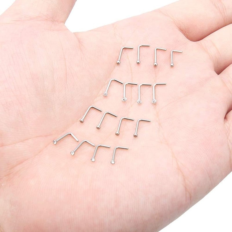 Hoeudjo Nose Studs Surgical Steel Cubic Zirconia Nose Rings Kit for Women Men 2mm Nose Stud Screw & Bone & L Shaped Nostril Rings Piercing Jewelry 22 Gauge 16 Pieces - Image 3